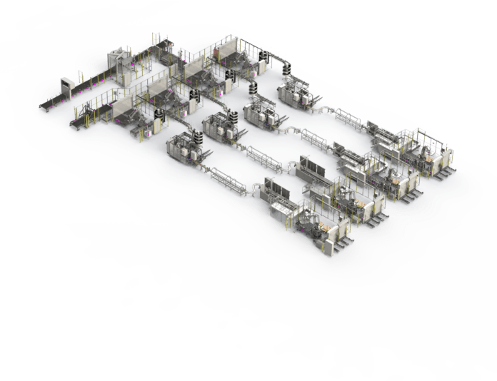 Gesamtanlage mit Fördertechnik Palettierung und Verpackung