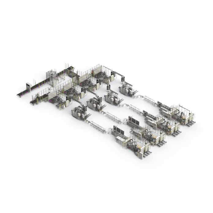 Gesamtanlage mit Fördertechnik Palettierung und Verpackung